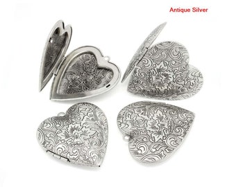 2pcs Large Antique Silver Heart Locket Pendants - Locket Charms - Carved Wholesale Locket Findings - Vintage Filigree Daffodil Pendant