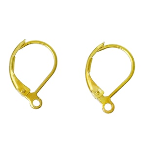 May include: Two gold-tone earring hooks, also known as ear wires, are shown against a white background. The hooks are made of metal and have a smooth, polished finish.