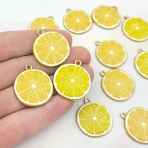 12 Enamel Lemon Slice Charms: Light Gold Summer Fruit Pendants