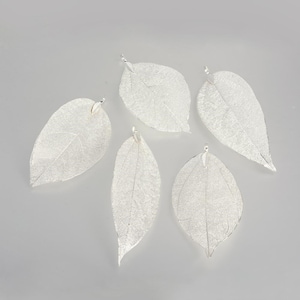 May include: Five silver leaf charms with a delicate, intricate design. The leaves are all different shapes and sizes, and they have a slightly textured surface.