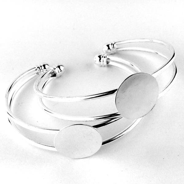 2pcs Bracelet Blank - Silver Adjustable Bangle - DIY Bracelet Supply Findings -Glue On Tray 18mm Round Circle Silver Plated Cuff