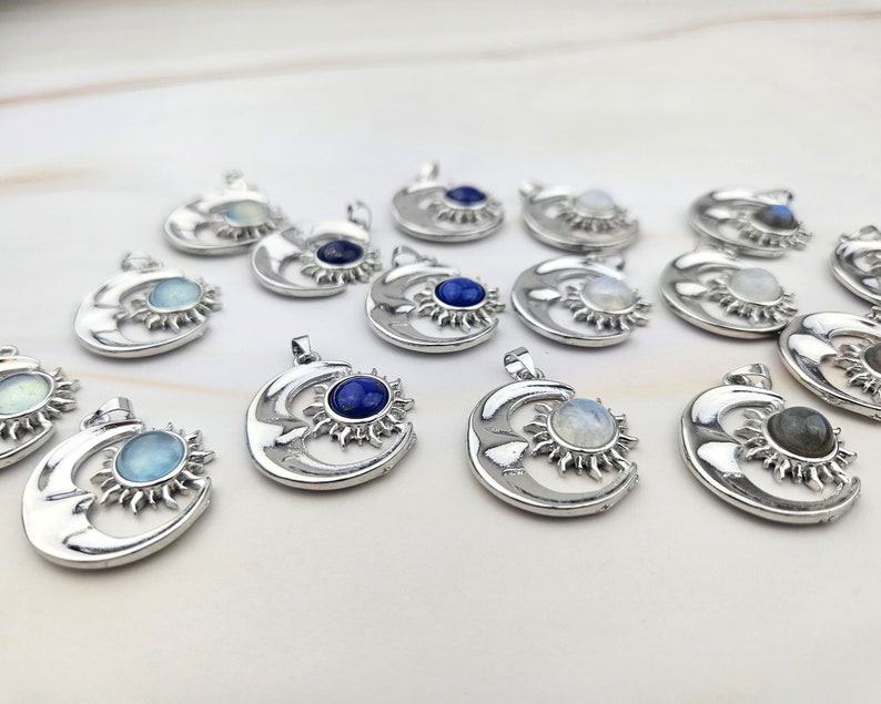Silver Sun and Moon Pendant With Natural Gemstone (1pcs) - Etsy