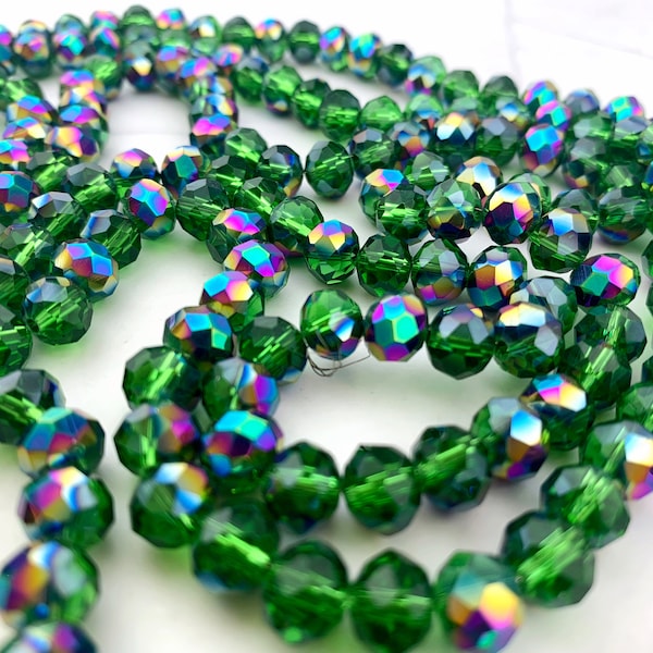 70pcs AB Emerald Glass Rondelle Beads: 8mm Olive Green Crystals
