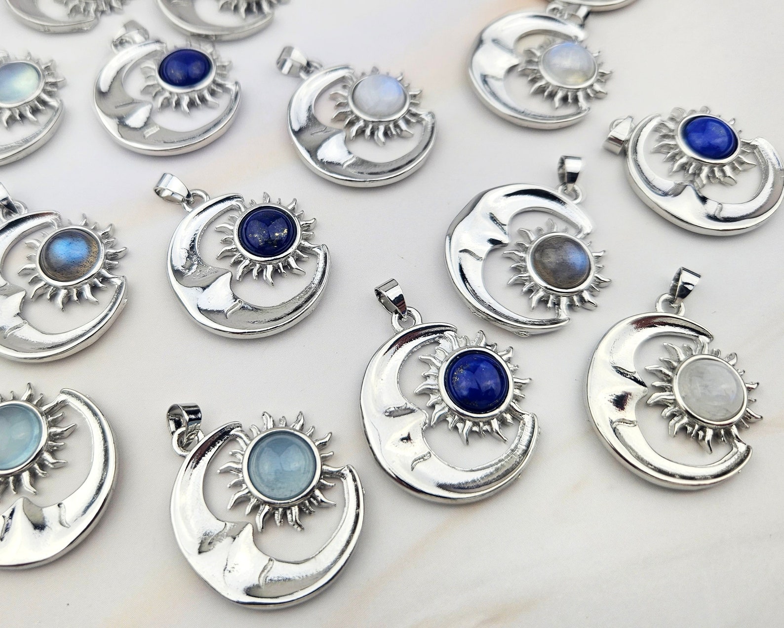 Silver Sun and Moon Pendant With Natural Gemstone (1pcs) - Etsy