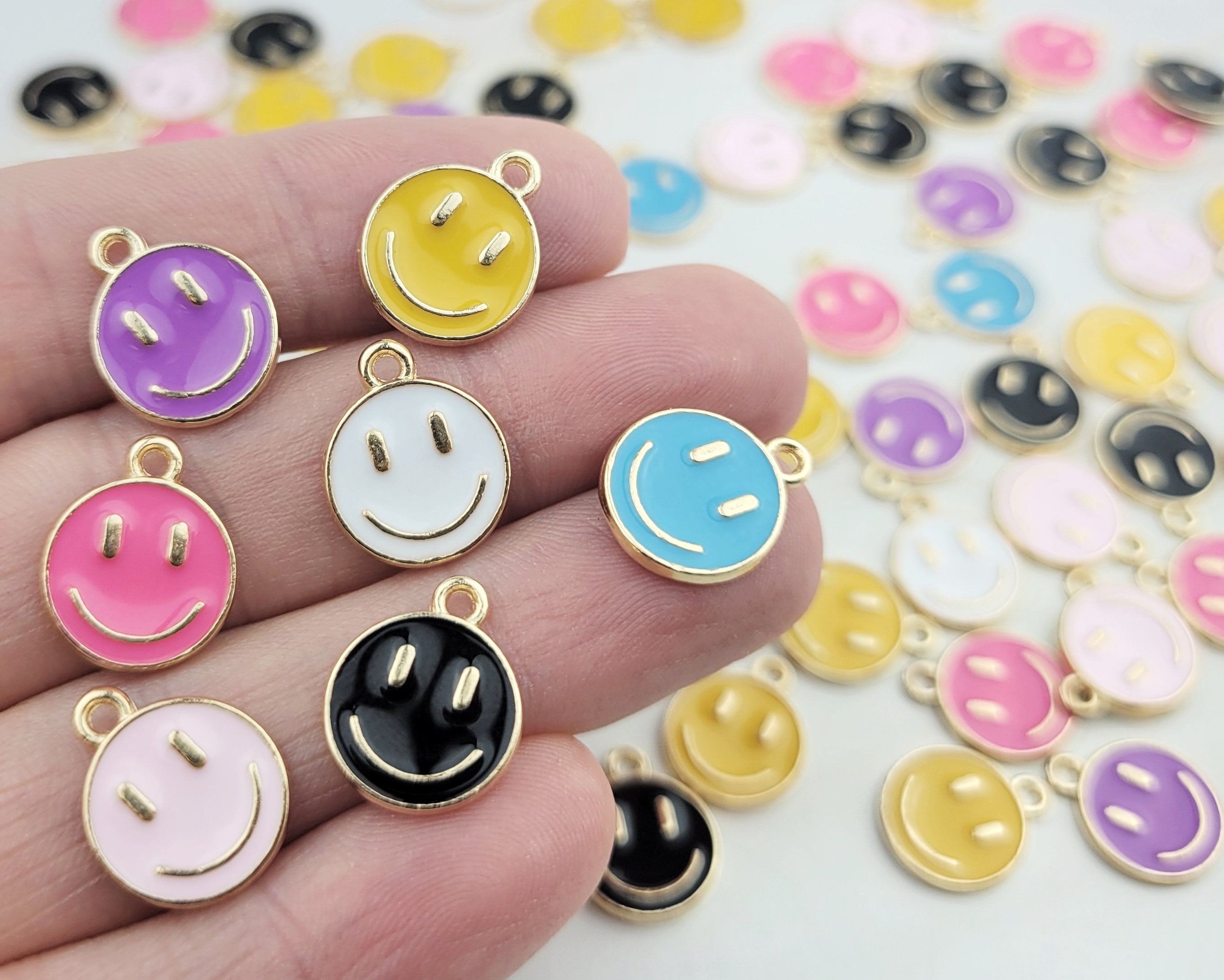 100 Enamel Smiley Face Charms: Gold Plated Colorful Charms