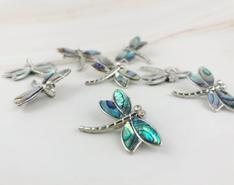 1pcs Abalone Shell Dragonfly Pendant - Large Dragon Fly Bead - Abalone Shell Pendant - Silver Dragon Fly Pendant Blue Green Charm