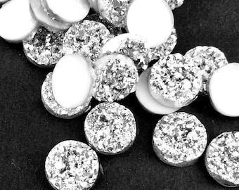 50pcs Silver Faux Druzy - 12mm Wholesale Cabochons - Glitter Cabochon - Resin Drusy Flat Back - Chunky Round Geode Cabochon Bulk