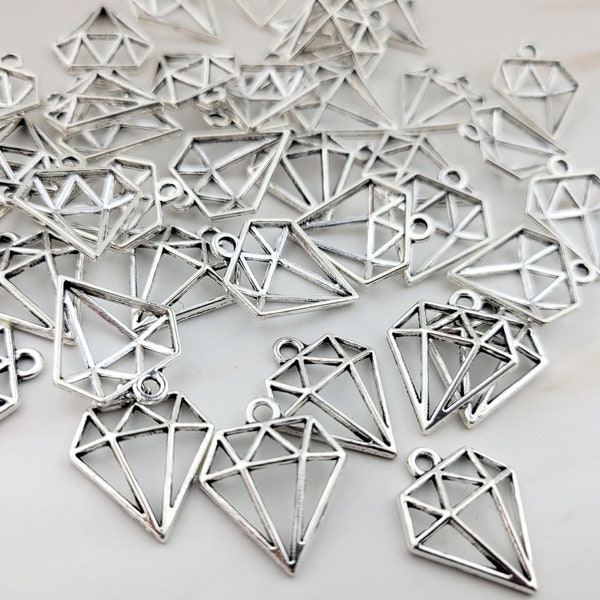 40pcs Silver Diamond Pendants - Small Metal Charms - Bulk Diamond Charms - Geometric Charm Pendants - 3D Charms