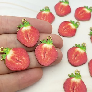 12 Enamel Strawberry Charms: Light Gold Fruit Pendants
