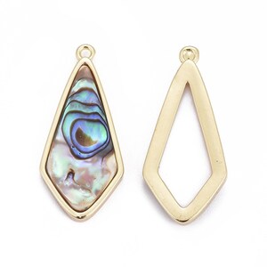 May include: A pair of gold-tone pendant charms, one with a iridescent abalone shell inlay and the other with a geometric cutout.