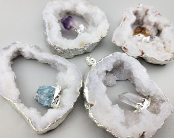 1pcs Raw White Druzy Gemstone Pendant - Natural Gemstone Geode Agate Slice - Amethyst Citrine Kyanite Pendant - DIY Calcite Crystal Jewelry