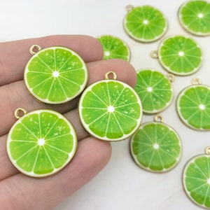 12 Enamel Lime Slice Charms: Light Gold Summer Fruit Pendants