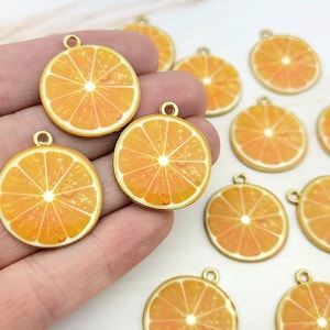 12pcs Enamel Orange Slice Charms: Light Gold Summer Pendants