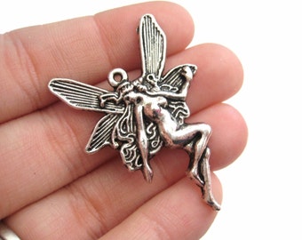 10pcs Large Fairy Pendant Art Nouveau Pixie Antique Silver Charms Whimsical Faerie Fairie Silver Fantasy Wholesale Bulk Lot Oxidized