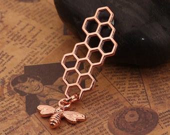 10pcs Rose Gold Bee Charms - Honeycomb Tiny Bee Dangle Geometric Pendant Drop Connector
