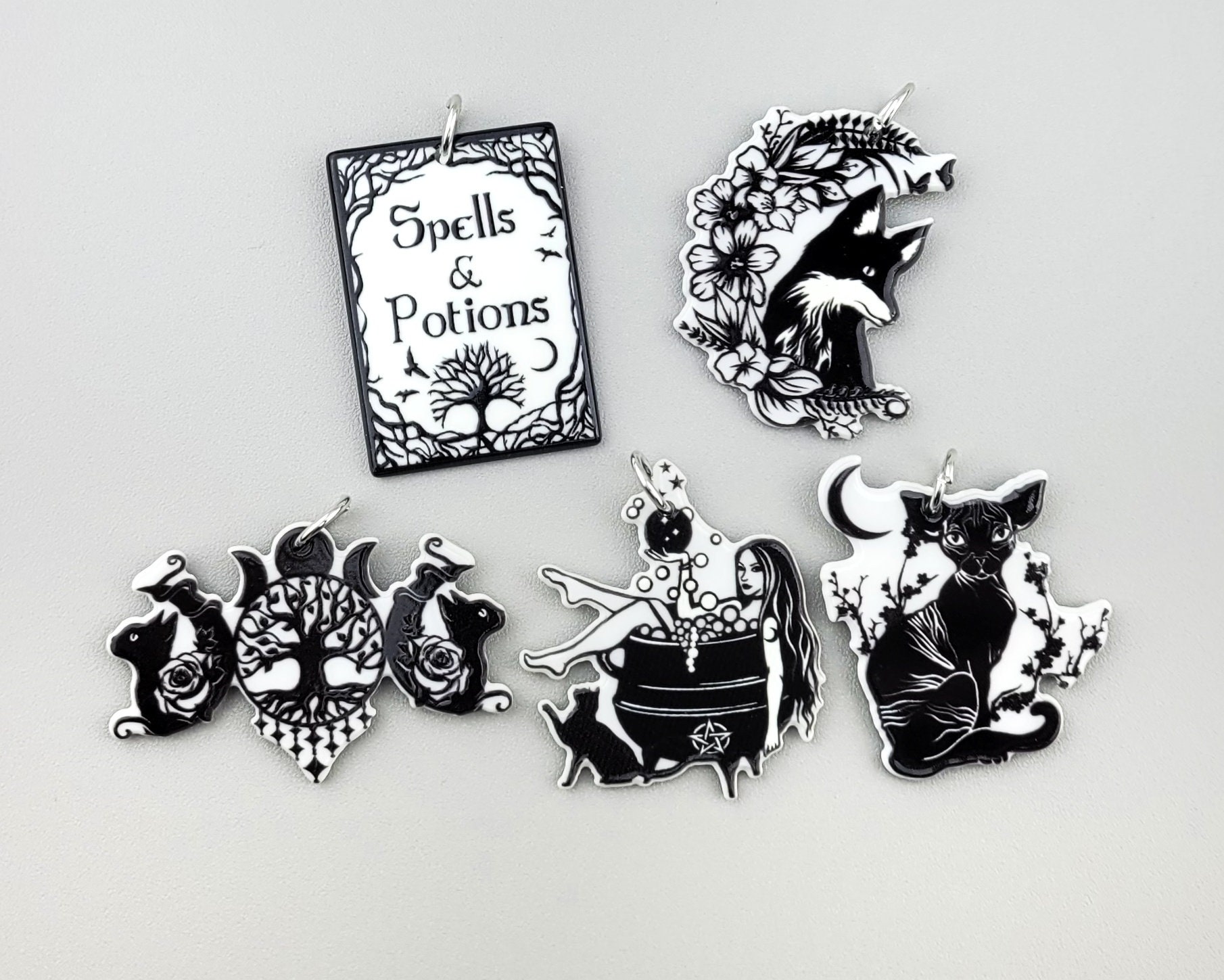 10pcs Black and White Witchy Charm Set Tarot Charms Halloween Charms Spooky  Resin Charms 