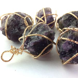 1pcs Large Wire Wrapped Amethyst Pendant - Light Rose Gold Rough Raw Crystal Charm Stone