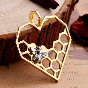 5pcs Gold Honeycomb Heart Charm: Silver Bee Pendant, DIY Jewelry Supply