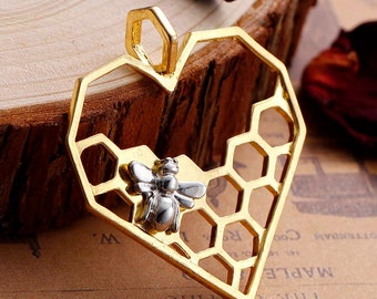5pcs Gold Heart Charm - Tiny Silver Bee Charm - Honeycomb Pendant - Valentines Gift For Her DIY Craft Supply Geometric Jewelry