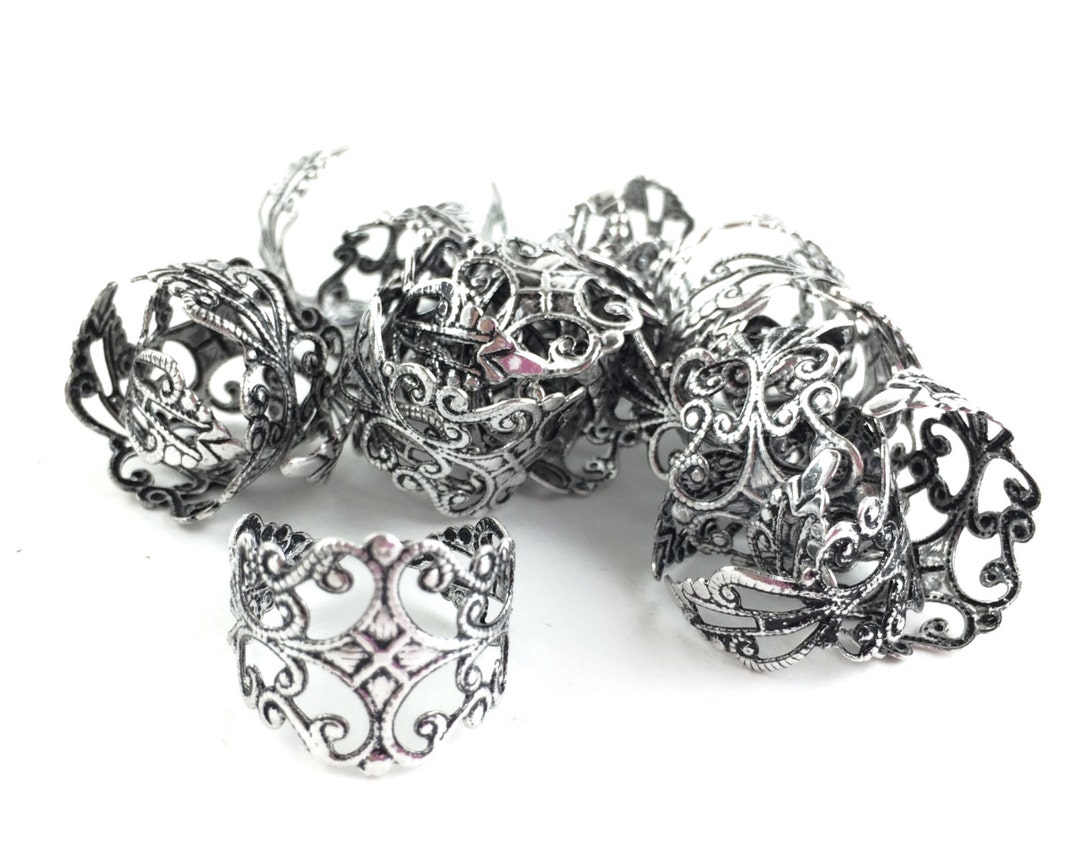 4pcs/20pcs Wholesale Ring Blanks Adjustable Silver Filigree Ring Oxidized Silver Ring Ornate
