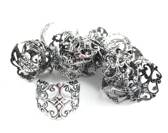 4pcs/20pcs Wholesale Ring Blanks - Adjustable Silver Filigree Ring - Oxidized Silver Ring - Ornate Vintage Rings -Thick Band Base