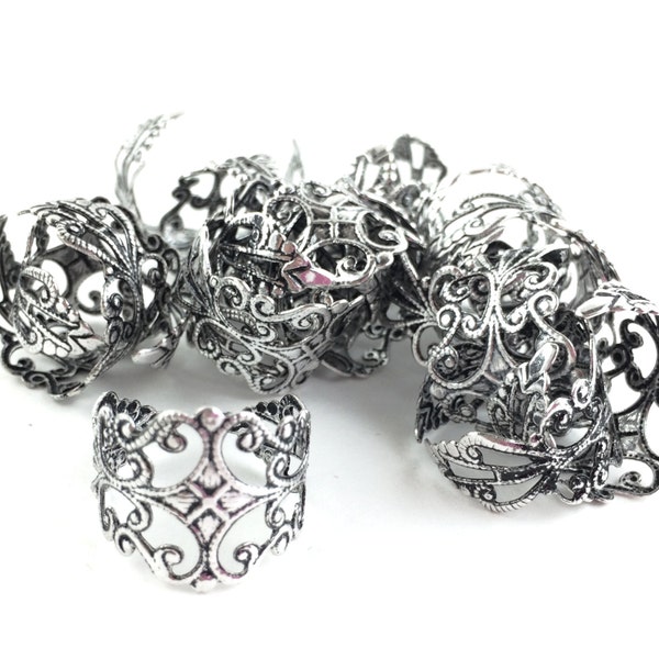 4pcs/20pcs Wholesale Ring Blanks - Adjustable Silver Filigree Ring - Oxidized Silver Ring - Ornate Vintage Rings -Thick Band Base