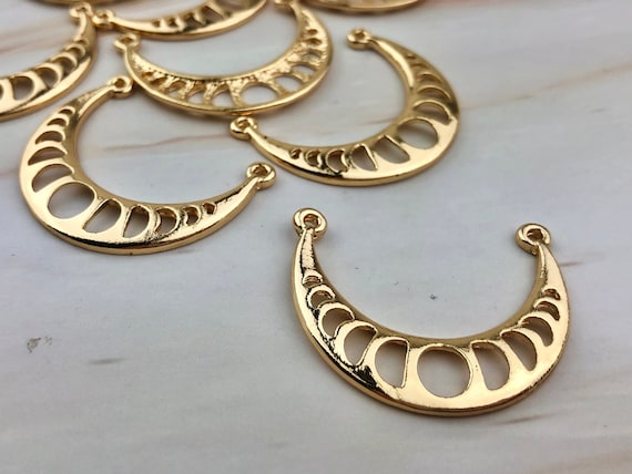 Gold Moon Phase Charms: Crescent Connectors, Celestial Jewelry (4pcs)