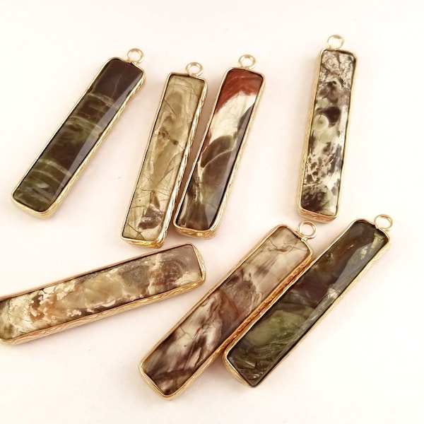 1pcs Ocean Jasper Pendant - Rectangle Charm - Vertical Bar - Gemstone  Bar Bezel