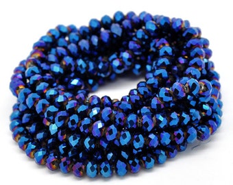 70pcs 8mm Metallic Blue Crystal Rondelle Beads - 8x6mm Dark Blue Faceted Glass Metallic Beads - Peacock Blue Wholesale Bulk Lot Beads