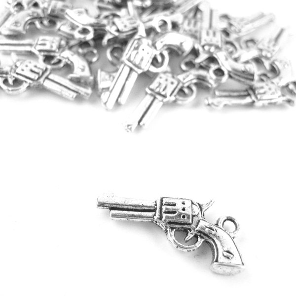 50pcs Silver Gun Charm - Revolver Bead - Western Gun Pendant - DIY Sheriff Cowboy Cowgirl Costume Jewelry - Women Police Tiny Gun Bead