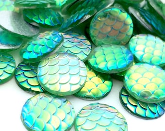 40pcs Green Mermaid Scale Disk - 12mm Wholesale Cabochons - DIY Jewelry Making - Nautical Findings - Flat Back Glue On Dragon Supplies