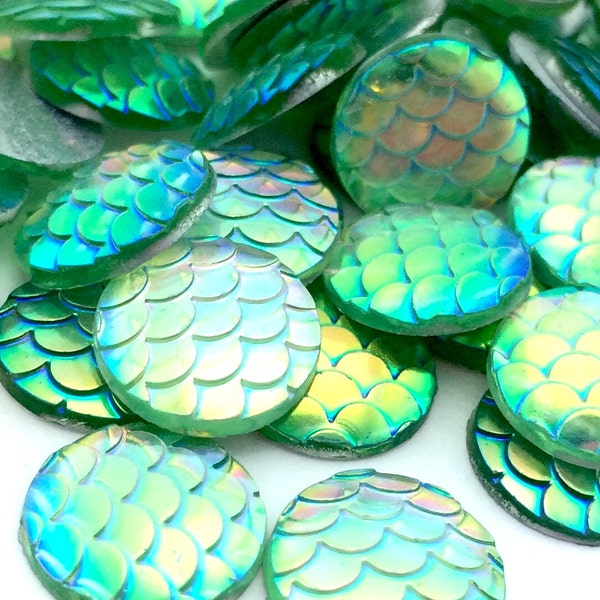 40pcs Green Mermaid Scale Disk - 12mm Wholesale Cabochons - DIY Jewelry Making - Nautical Findings - Flat Back Glue On Dragon Supplies