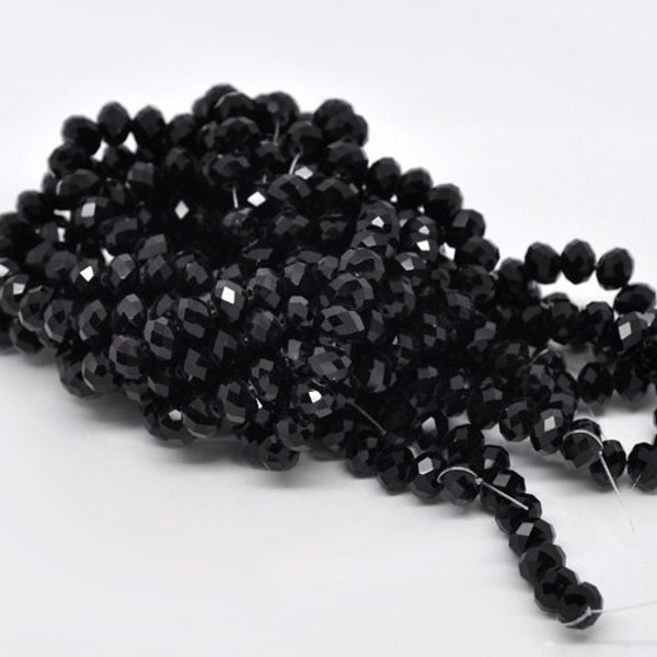 90pcs 8mm Jet Black Crystal Beads - Black Glass Rondelle Beads -8mm Black Beads -Black Oval Beads Faceted 8x6mm Beads -Jewelry Supply