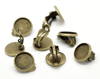 20pcs Antique Bronze Clip On Earring Blanks: 12mm Bezel Trays