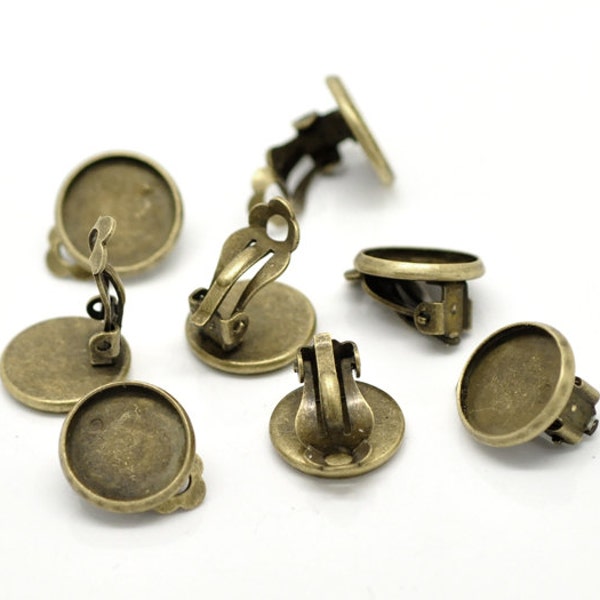 20pcs Wholesale Bronze Clip On Earring Tray - Antique Bronze Blank Round Bezel Pad Fit 12mm Tray Ear Clips Clipon Supply