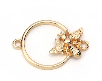 10pcs Gold Bee Connectors - Gold Pendant - Bee Charm Gold Circle Pendant Gold Bee Findings Gold Bee Jewelry Supplies