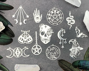 12pcs Silver Witchy Charm Set - Wicca Charms - Magic Charms - Triple Goddess - Stainless Steel