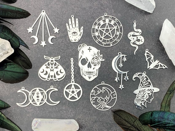 12pcs Silver Witchy Charm Set Wicca Charms Magic Charms Triple Goddess  Stainless Steel 