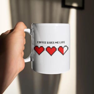 Pixel Heart Mug, Video Game Coffee Cup, Retro Sci Fi Tea Mug, 11oz, 15oz Ceramic Cup, Geeky Gamer Gift