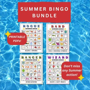 May include: A bundle of four printable summer bingo game cards with different themes: Rogue, Bard, Ranger, and Wizard. Each card features a grid of summer-themed images and text. The words "Summer Bingo Bundle" are at the top.