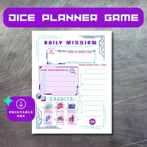 Puede incluir: Un planificador de juegos en PDF imprimible con un diseño futurista. El planificador presenta secciones para misiones diarias, tareas secundarias y registros de exploración. El banner superior dice "DICE PLANNER GAME."