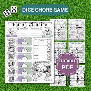 Puede incluir: Un tablero de juego imprimible para un juego de tareas de limpieza de primavera. El tablero presenta una ilustración en blanco y negro de un camino en el bosque y un título que dice "Spring Cleaning". El tablero de juego está dividido en dos secciones, una para cada jugador. Cada sección tiene una lista de habitaciones para limpiar, como la cocina, el dormitorio, la sala de estar, el baño y el exterior. Los jugadores tiran un dado para determinar qué habitación limpiar y luego completan las tareas enumeradas en la página correspondiente. El juego está diseñado para ser divertido y atractivo para niños y adultos.