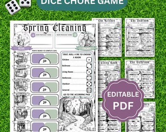 May include: A printable game board for a spring cleaning chore game. The board features a black and white illustration of a forest path and a title that reads "Spring Cleaning". The game board is divided into two sections, one for each player. Each section has a list of rooms to clean, such as the kitchen, bedroom, living room, bathroom, and outdoor. Players roll a die to determine which room to clean and then complete the chores listed on the corresponding page. The game is designed to be fun and engaging for kids and adults alike.
