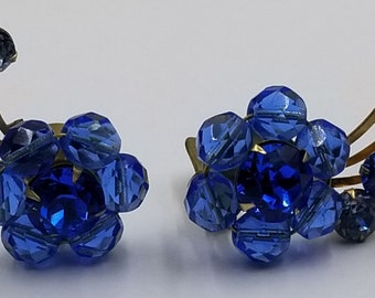 Blue Crystal Beads, Blue Rhinestones, Flower Sprays, Climber Clip Earrings, 1950s, Vintage E127