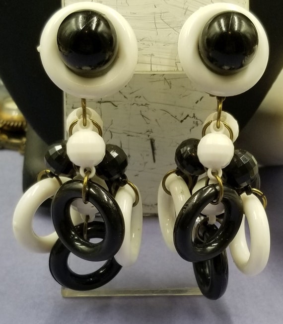 Big Bold Black White Plastic Clip Earrings, Pop A… - image 1