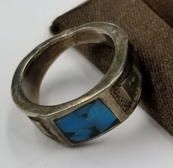 Vintage Native American Sand Cast Silver Turquois… - image 2
