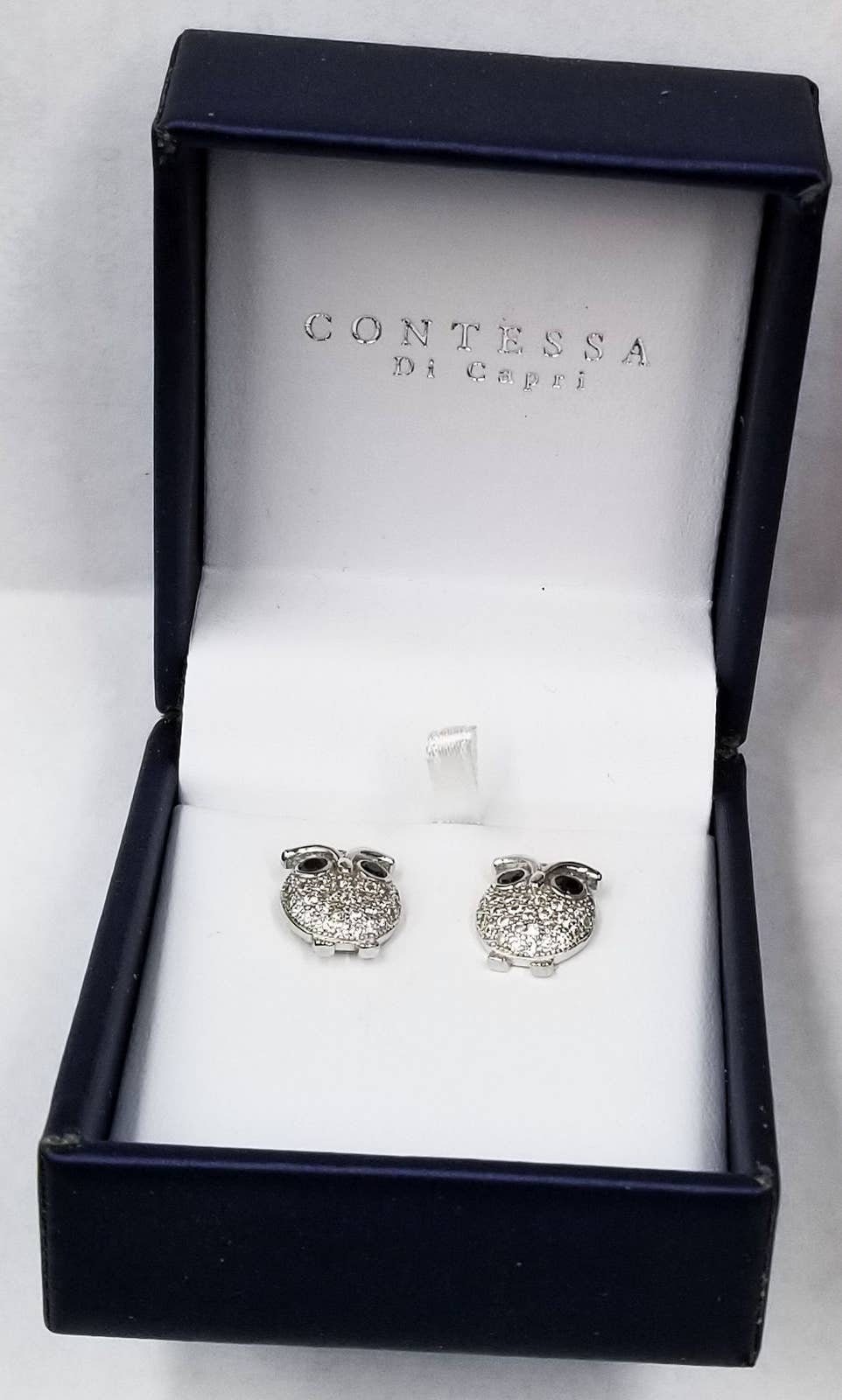 Sterling Silver Owl Stud Earrings by Contessa Di Capri Black