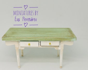 Miniature green distressed table for dollhouse or doll diorama