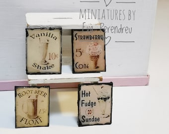 4 Miniature vintage signs for cafeteria, ice cream shop or bakery dollhouse. Also doll diorama