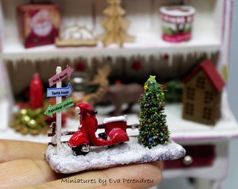 Miniature Christmas Vespa motorbike - motorcycle in a tiny diorama, doll decoration, vintage Vespa, 1:144th scale (1/6 inch scale)